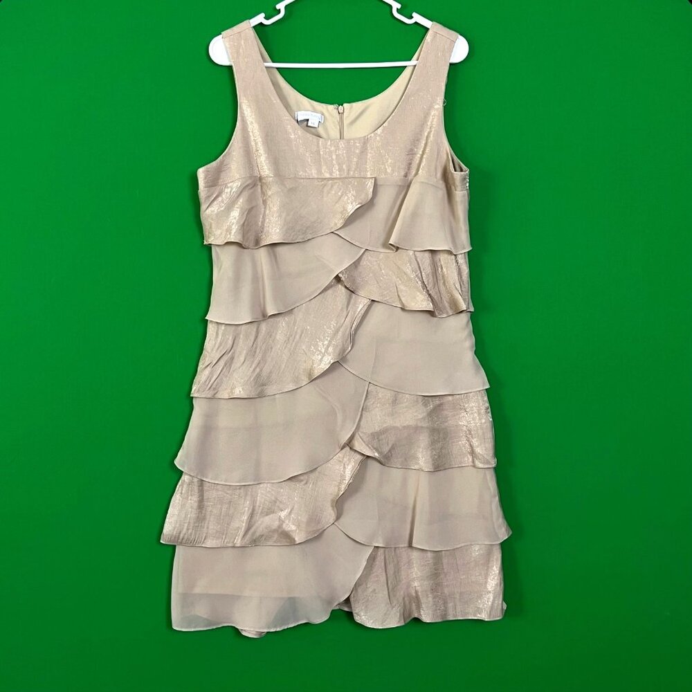 London Times Womens Layer Ruffle‎ Beige Knee Length Sleeveless Dress Size 14
